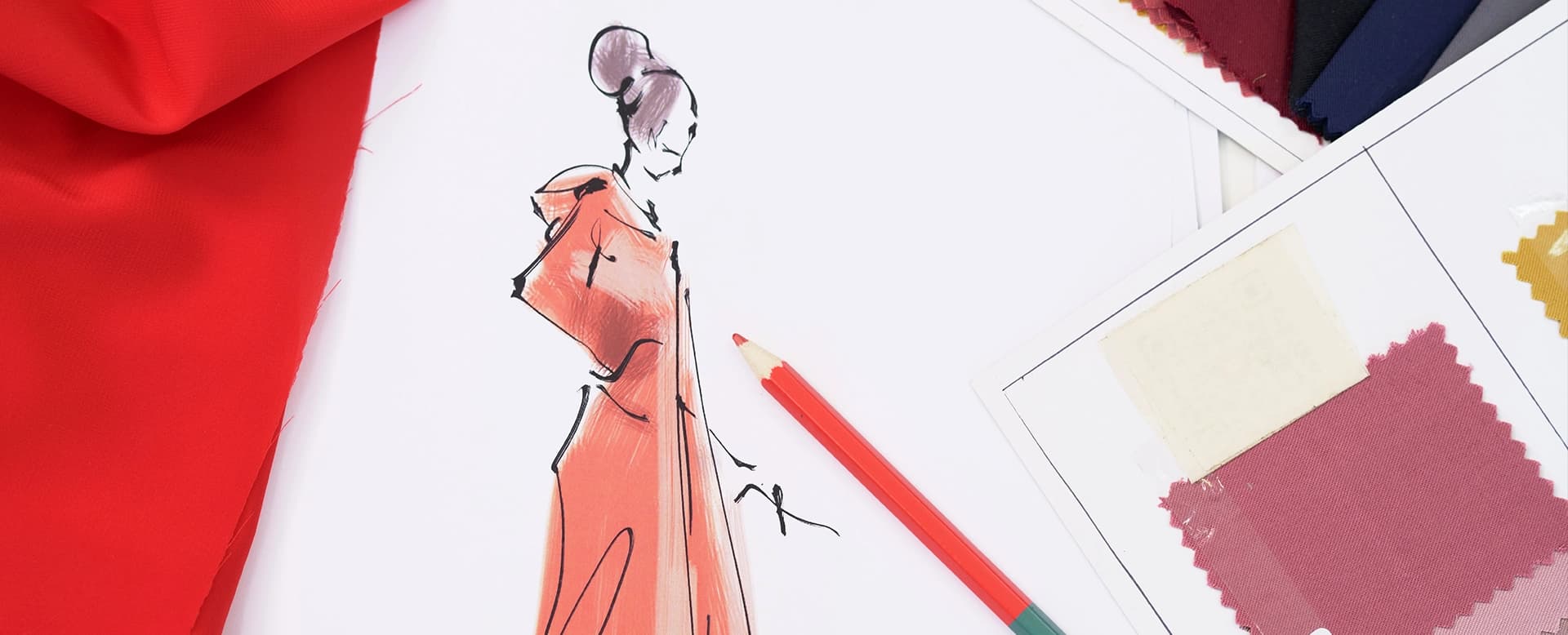 Fashion drawing designer creating new collections fabric samples