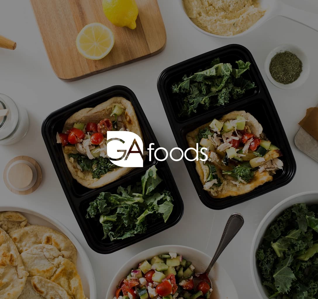 The GA Foods logo with a meal-in-a-box background