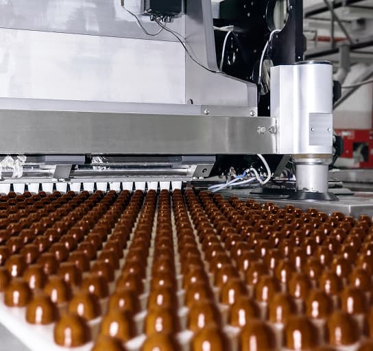Cakes baking on an automatic conveyor belt in a confectionery factory