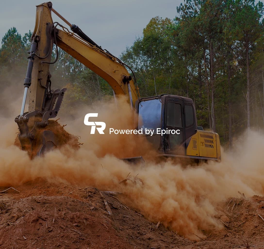 CR Powered by Epiroc logo with a background showing an excavator digging up soil.