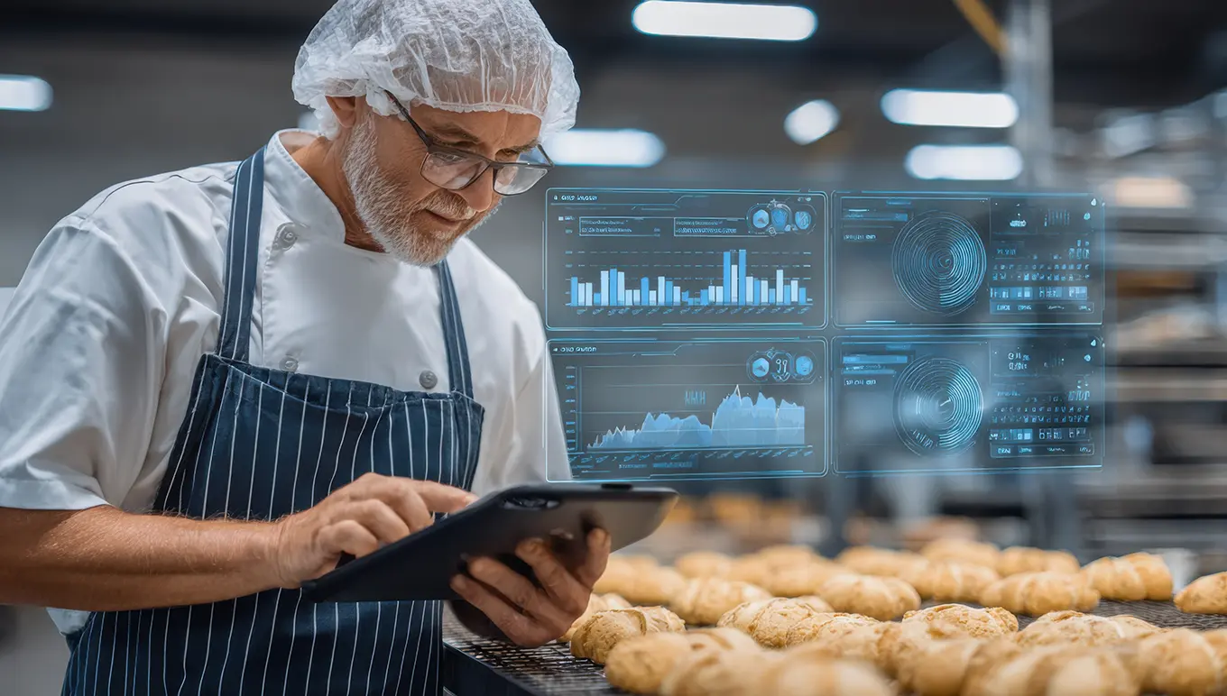 A baker looking at a tablet displaying graphs