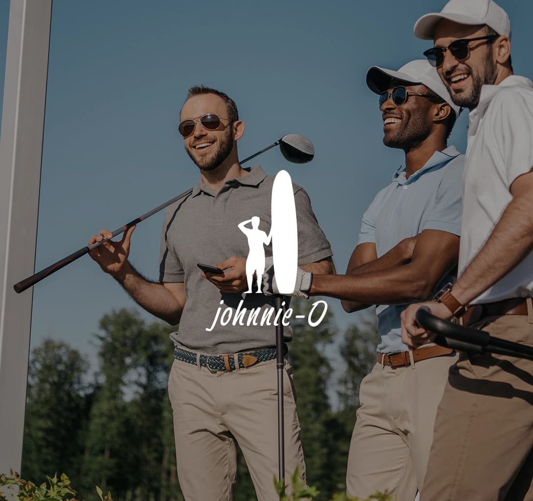 Johnnie-O logo with a background featuring three men in golf outfits.