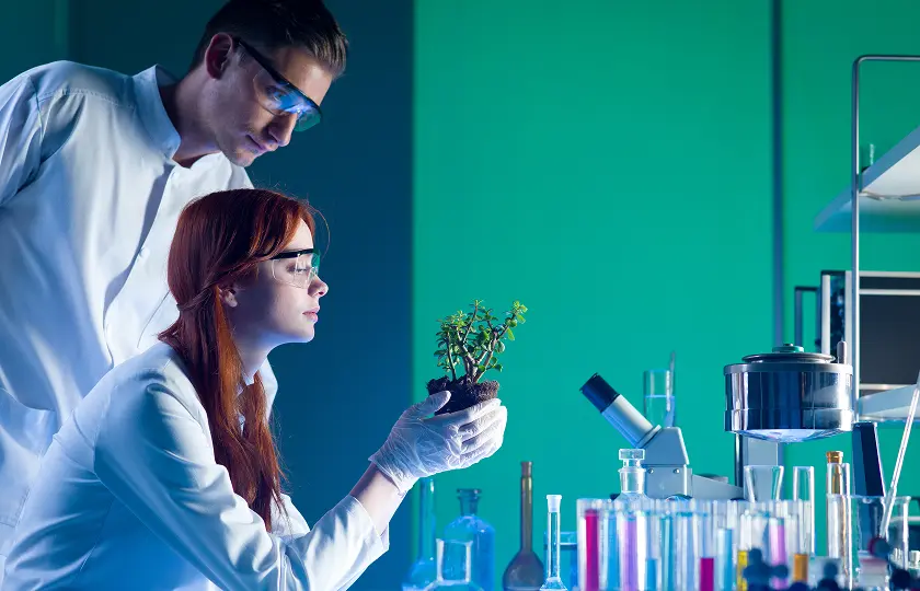 Botanical researcher studying plants in a science laboratory
