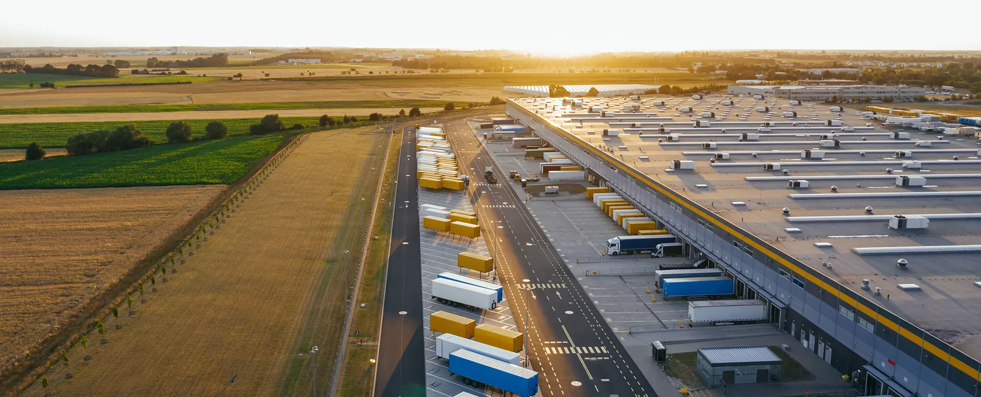 Aerial view of a distribution centre in an industrial logistics zone