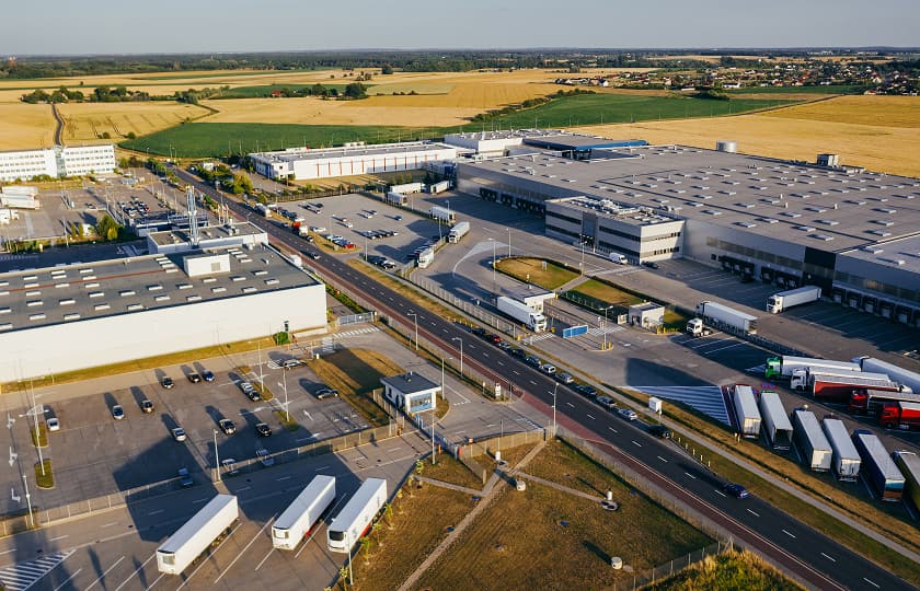 Drone view of a distribution centre and warehouse logistics area