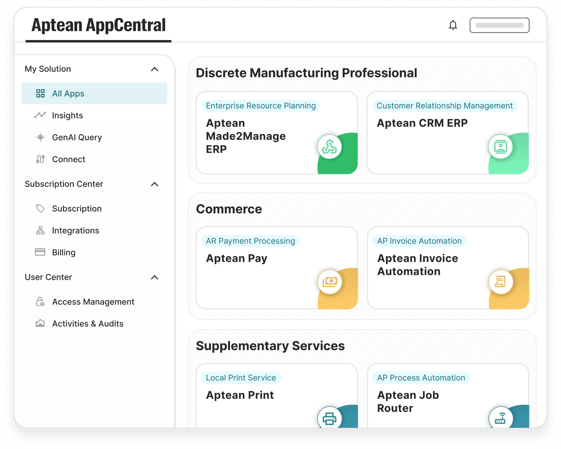 Aptean Intelligence dashboard showing AI-powered insights and application cards