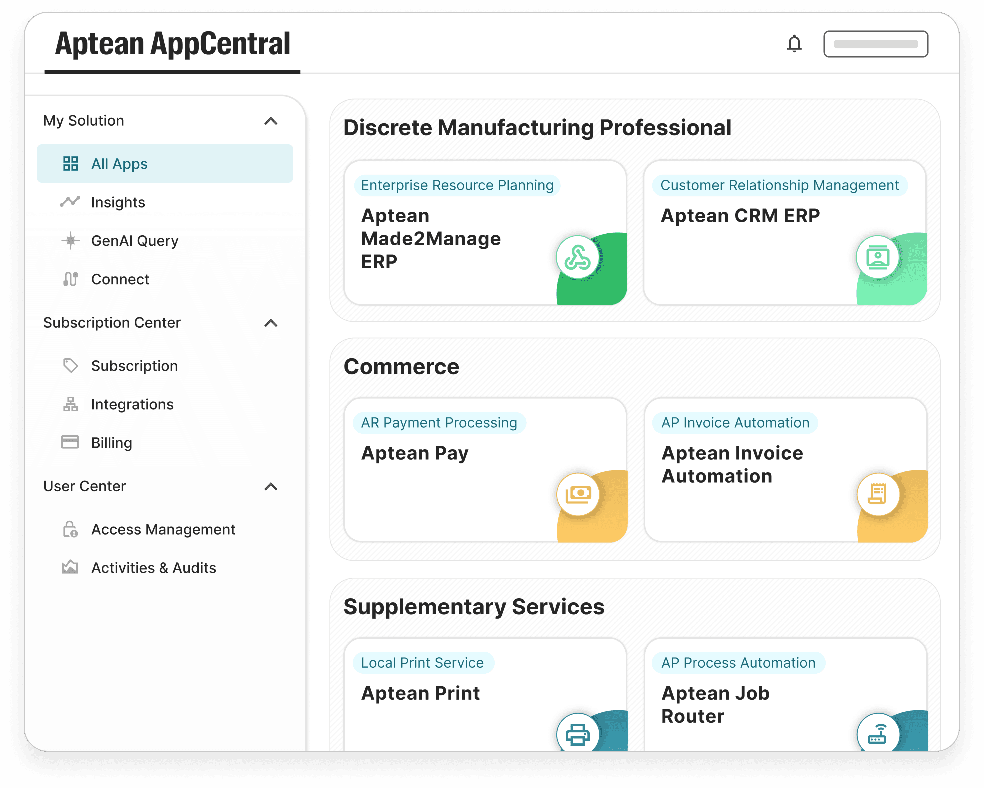 Aptean Intelligence dashboard showing AI-powered insights and application cards