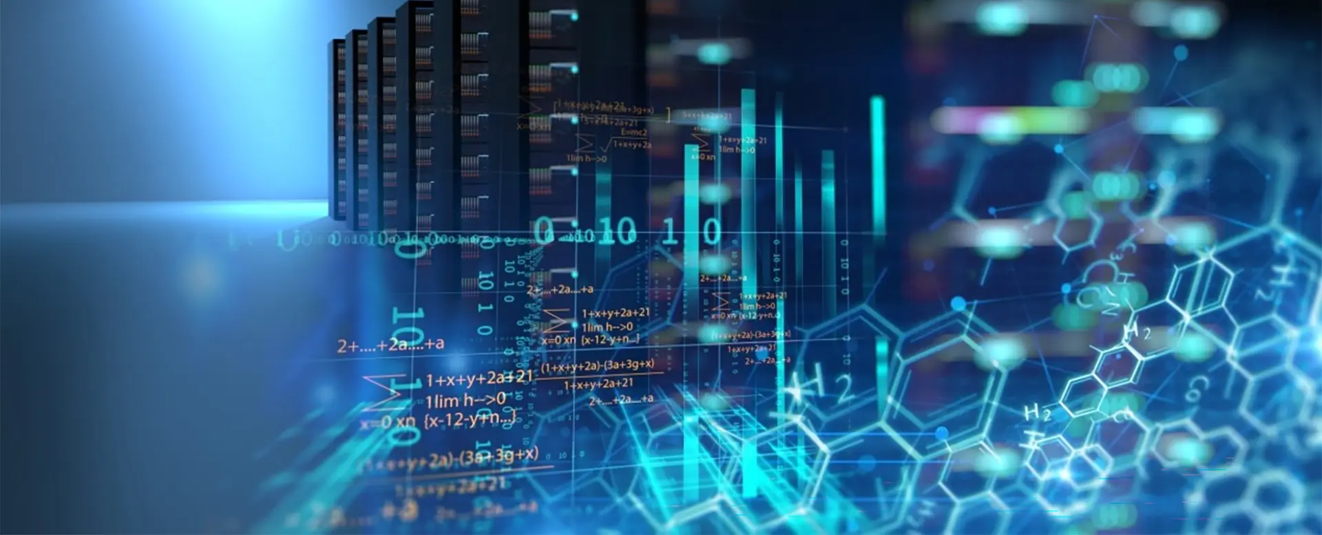 Servers hosting data with a visualization of digital information in the foreground.