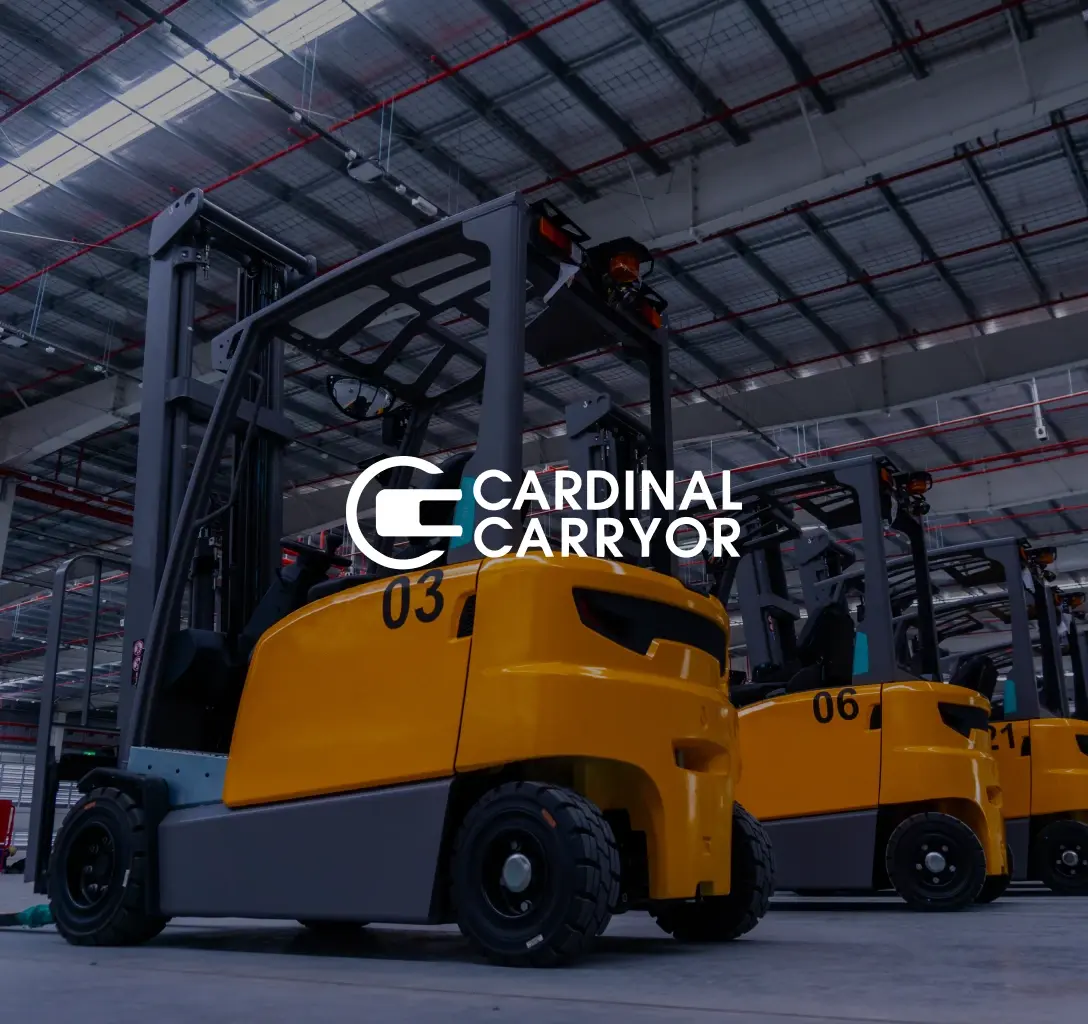 Cardinal Carryor logo with a backdrop of a warehouse and people carrying pallet