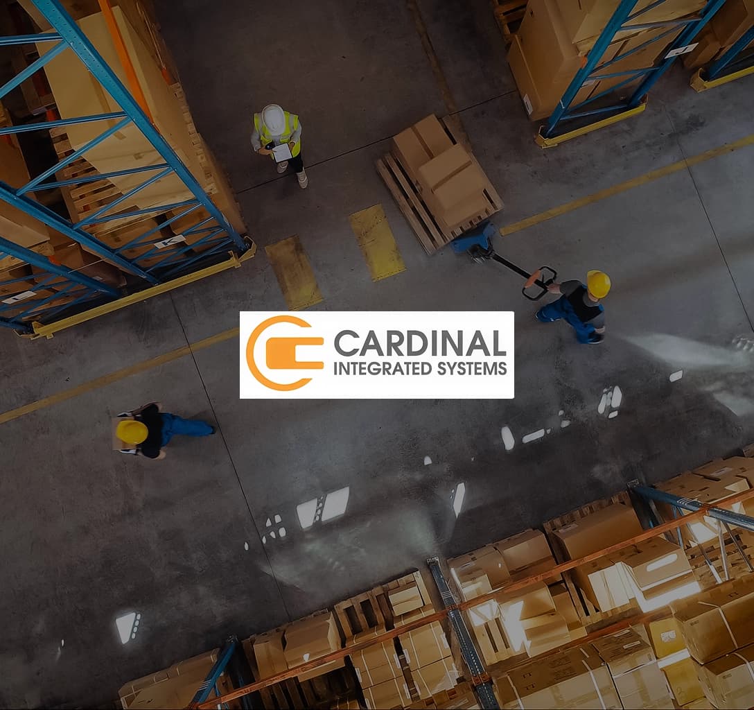 Cardinal Carryor logo with a backdrop of a warehouse and people carrying pallet